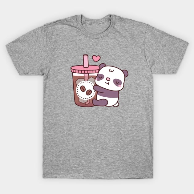 Cute Little Panda Bear Hugging Iced Coffee T-Shirt by rustydoodle